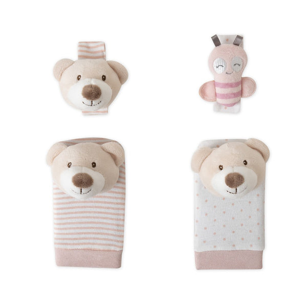 Pink Teddy Bear Foot and Doll Rattle Set
